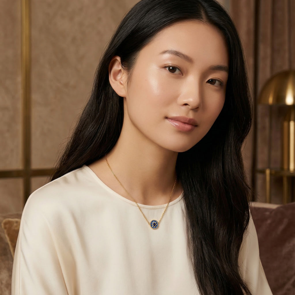 Blue Sunburst Necklace - 18K Gold Plated Stainless Steel