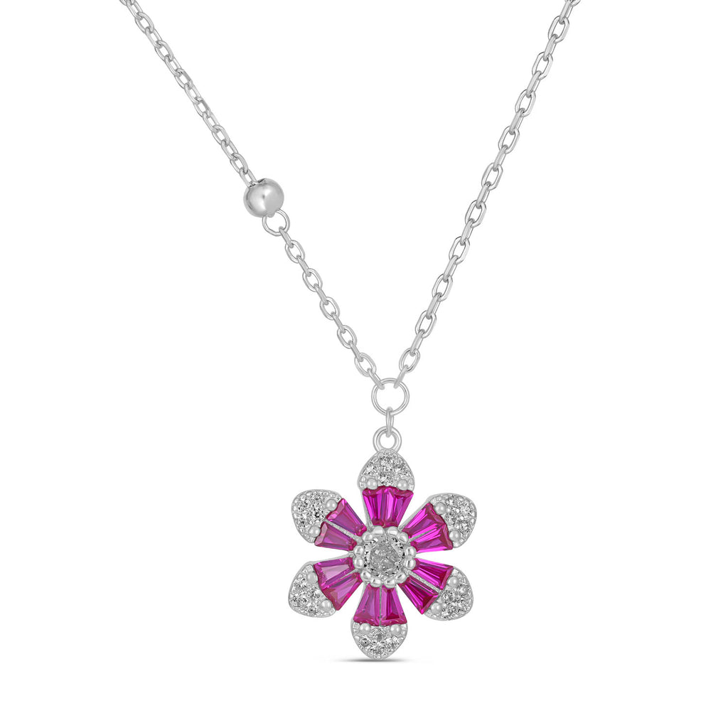 925 Sterling Silver Rhodium Plated Pink Crystal Flower Necklace