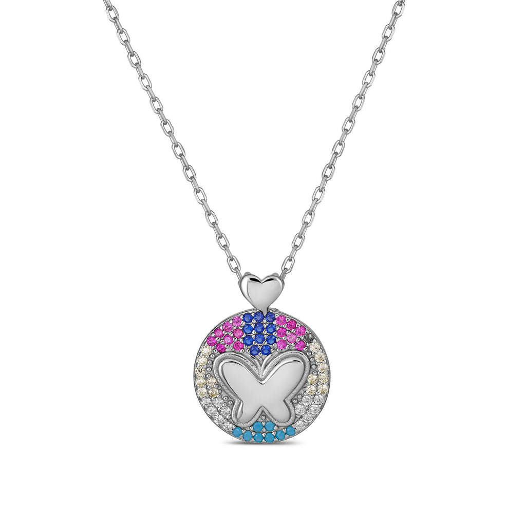 Sterling Silver Butterfly Pendant Necklace - Multicolor CZ Stones