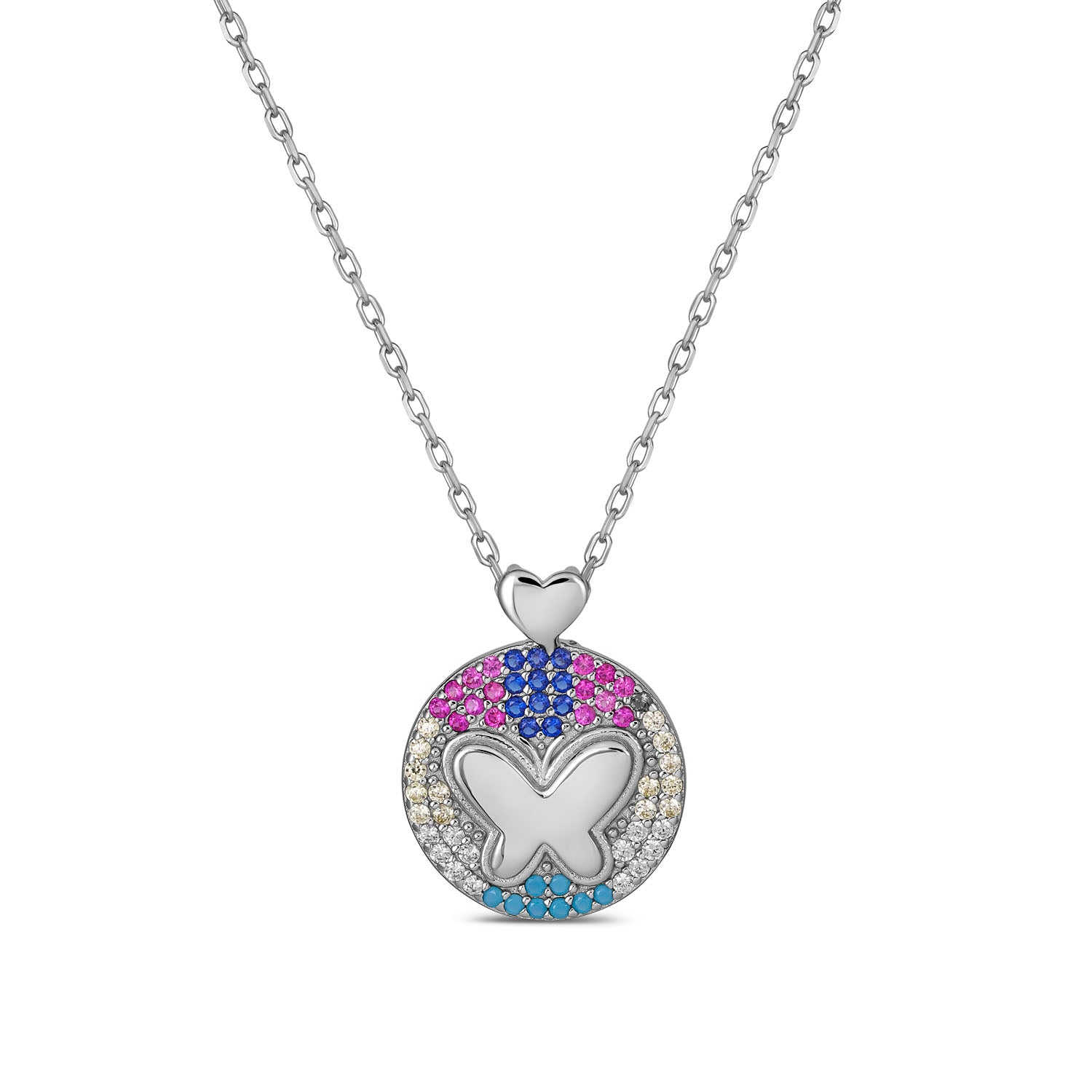 Sterling Silver Butterfly Pendant Necklace - Multicolor CZ Stones