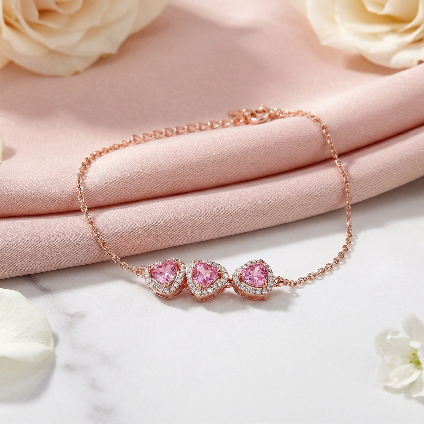 Sterling Silver Gold-Plated Heart Bracelet with Pink Cubic Zirconias