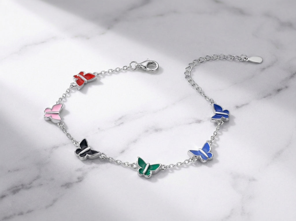 925 Sterling Silver Rhodium Plated Butterfly Bracelet, Multicolor