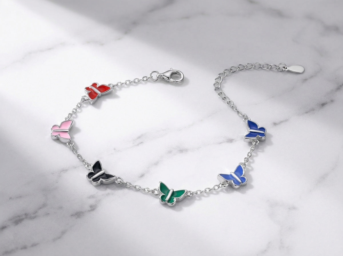 925 Sterling Silver Rhodium Plated Butterfly Bracelet, Multicolor