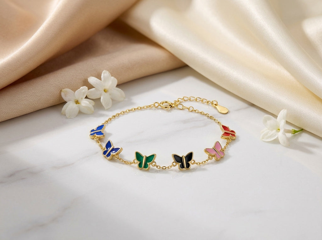 925 Sterling Silver 14k Gold Plated Butterfly Bracelet, Multicolor