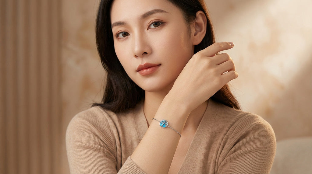 Sterling Silver Rhodium Plated Tree of Life Bracelet with Aquamarine Enamel