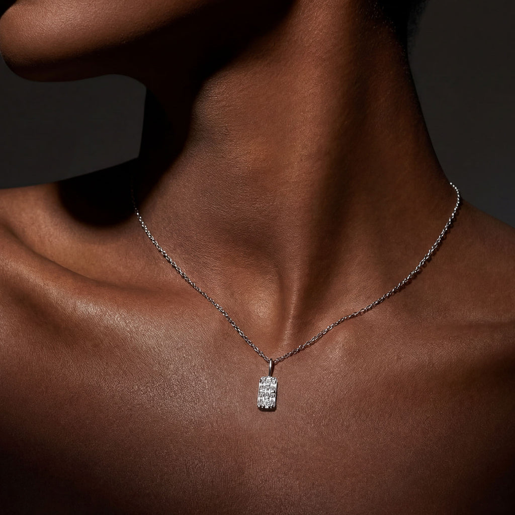 Geometric Rectangular CZ Pendant Necklace | 925 Sterling Silver Rhodium Plated | Art Deco Inspired Design