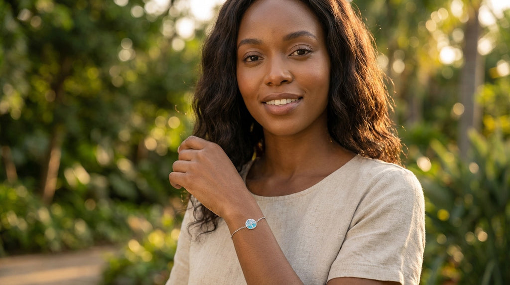 Sterling Silver Rhodium Plated Tree of Life Bracelet with Aquamarine Enamel