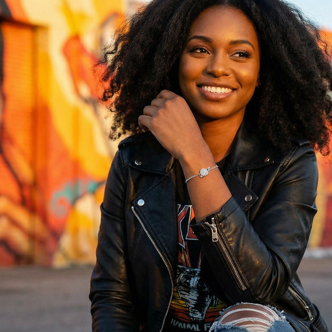 925 Sterling Silver Rhodium Plated Saturn Planet Heart Bracelet