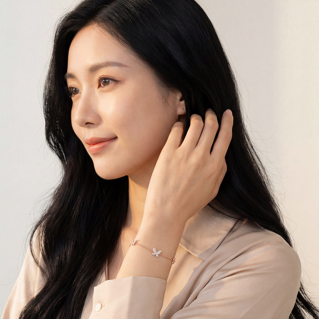 925 Sterling Silver Butterfly Bracelet, Rhodium or 14k rose gold Plated