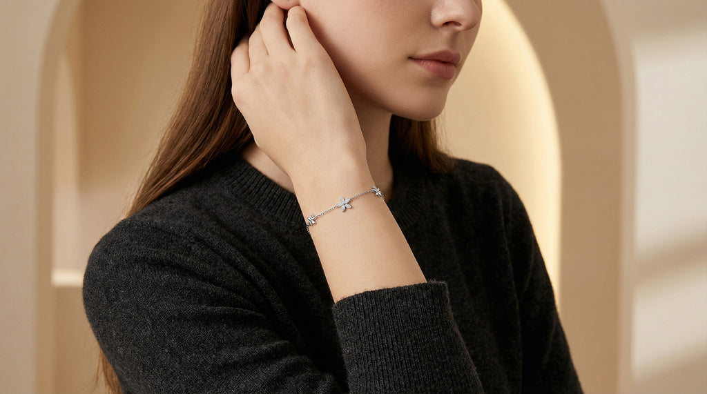 925 Sterling Silver Rhodium Plated Flower Bracelet