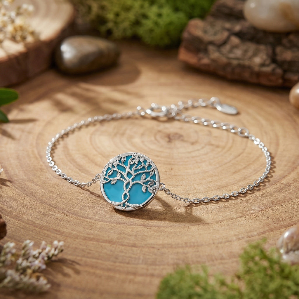 Sterling Silver Rhodium Plated Tree of Life Bracelet with Aquamarine Enamel