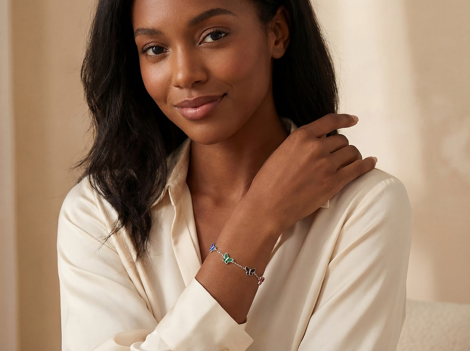 925 Sterling Silver Rhodium Plated Butterfly Bracelet, Multicolor