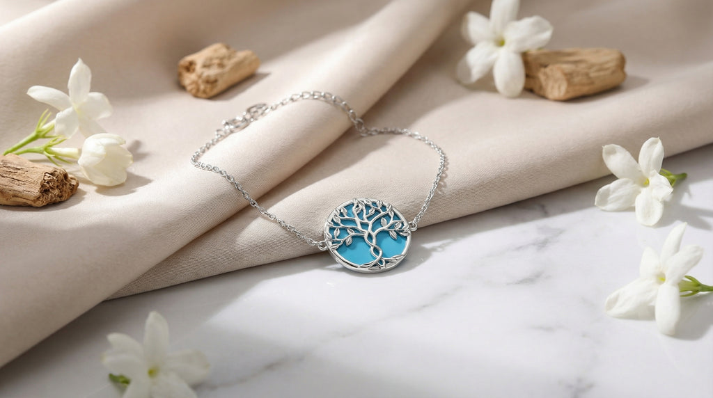 Sterling Silver Rhodium Plated Tree of Life Bracelet with Aquamarine Enamel