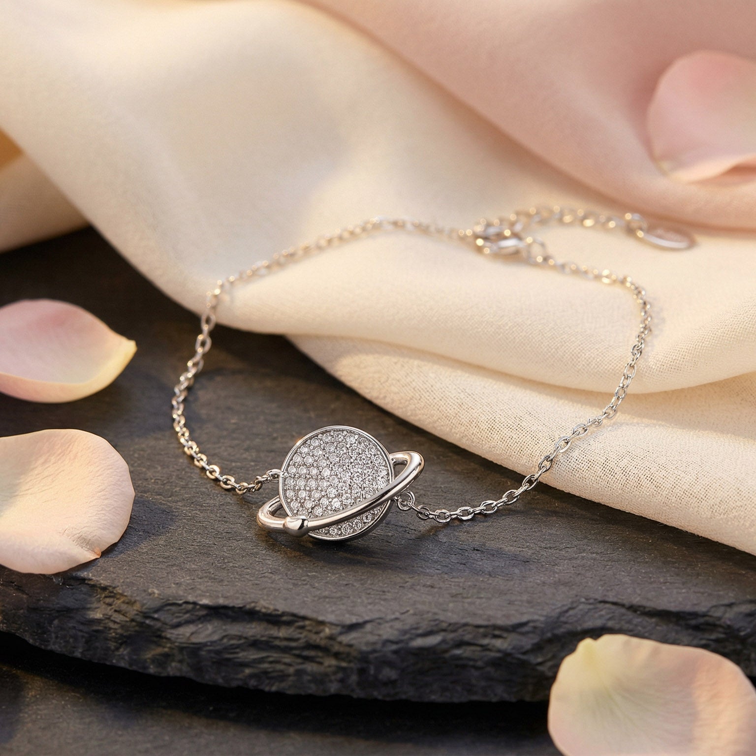 925 Sterling Silver Rhodium Plated Saturn Planet Heart Bracelet