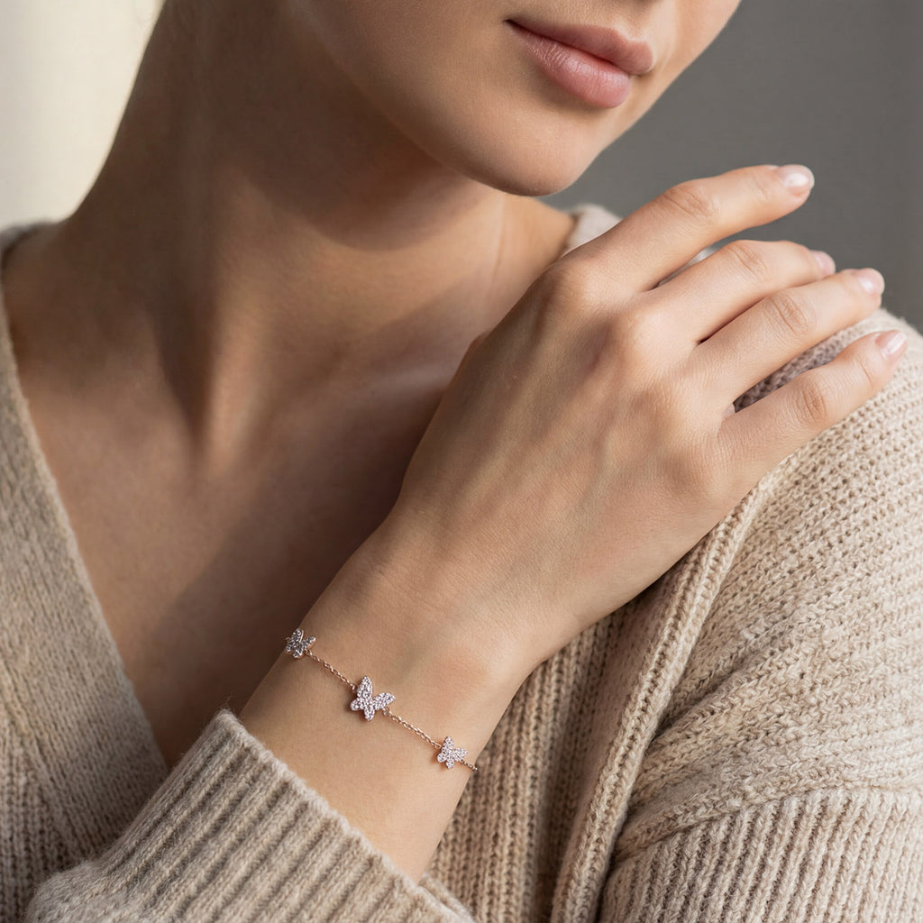 925 Sterling Silver Butterfly Bracelet, Rhodium or 14k rose gold Plated