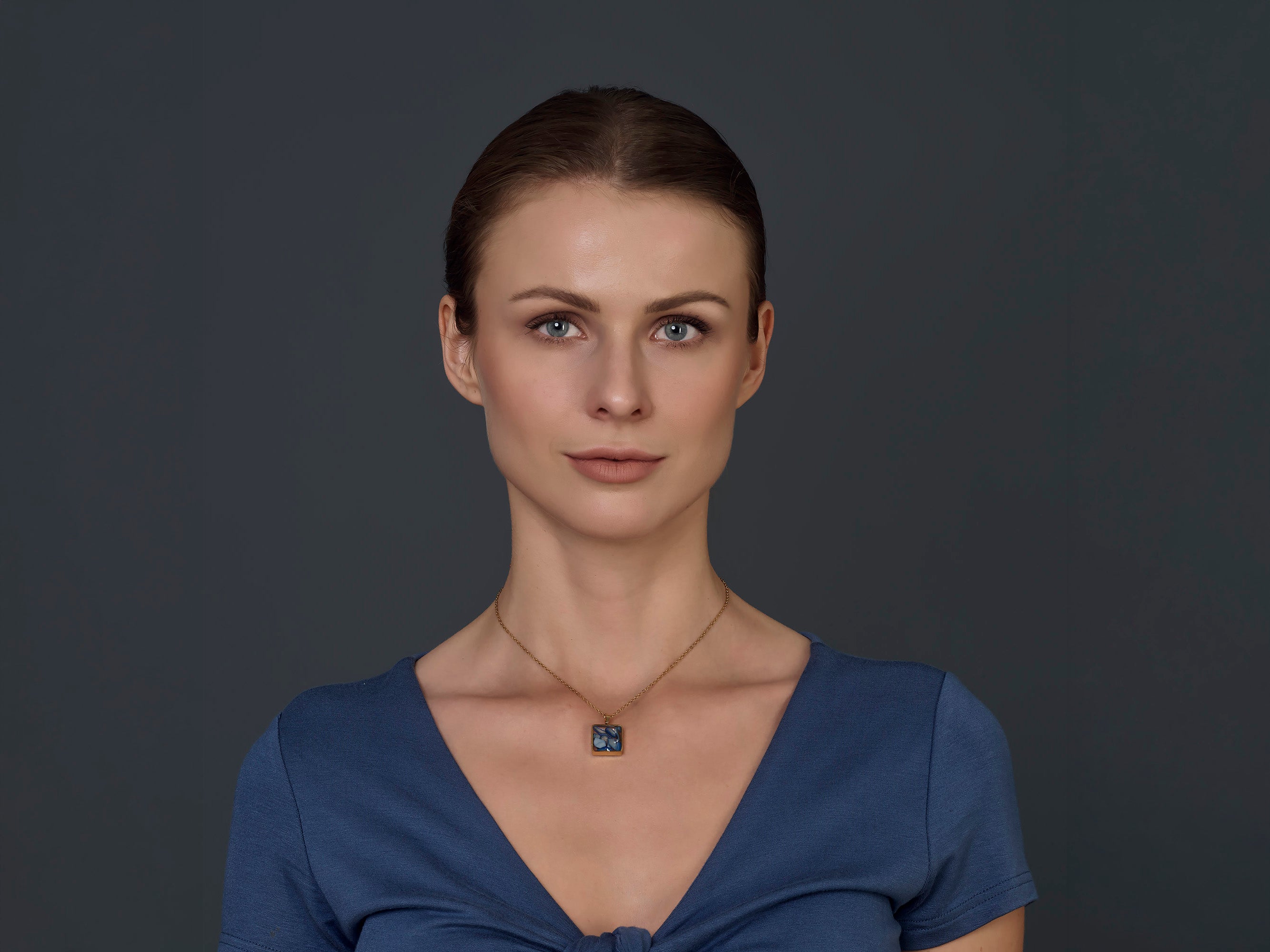 Blue Mosaic Pendant Necklace, 18K Gold Plated Stainless Steel, Square Gold Necklace, Adjustable Chain, Gift for Her