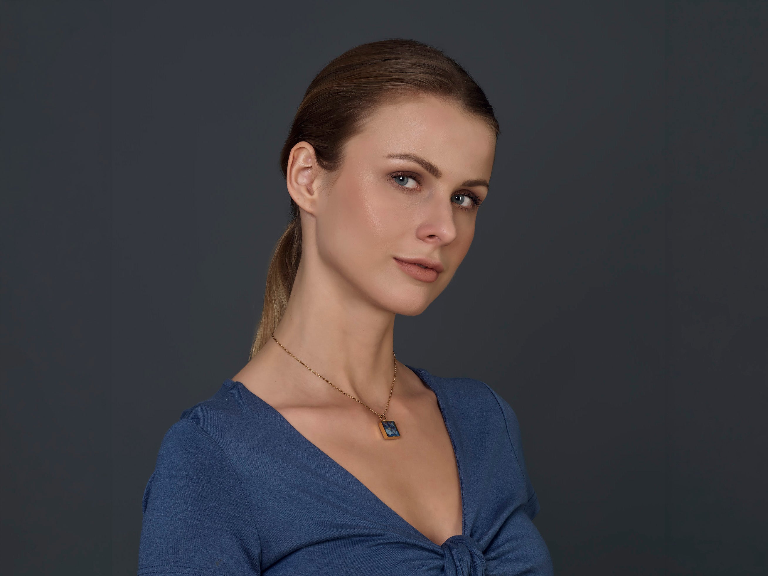 Blue Mosaic Pendant Necklace, 18K Gold Plated Stainless Steel, Square Gold Necklace, Adjustable Chain, Gift for Her