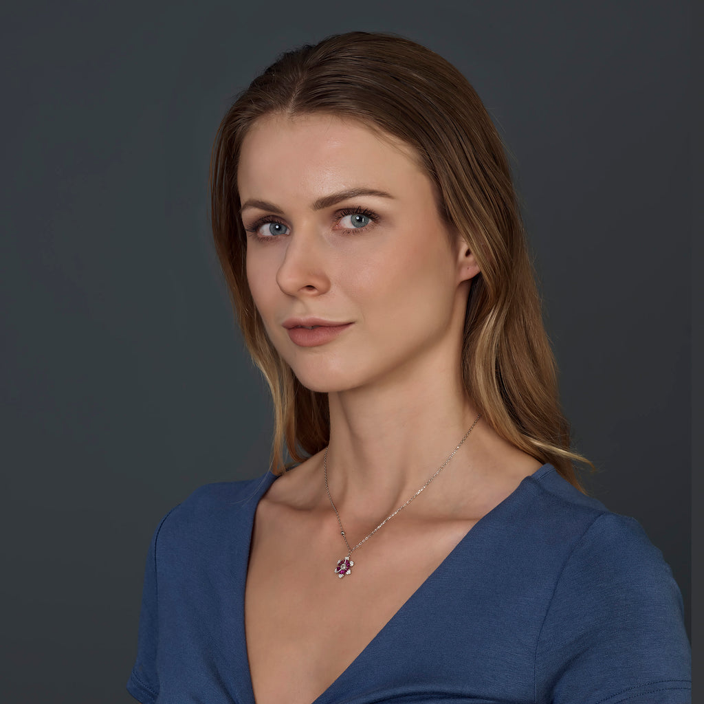 925 Sterling Silver Rhodium Plated Pink Crystal Flower Necklace