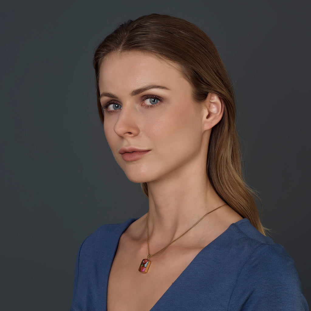 Multicolor Gemstone Resin Pendant Necklace, Gold Snake Chain, Boho Statement Jewelry, Adjustable 15.5-17.5 Inch, Unique Gift for Her
