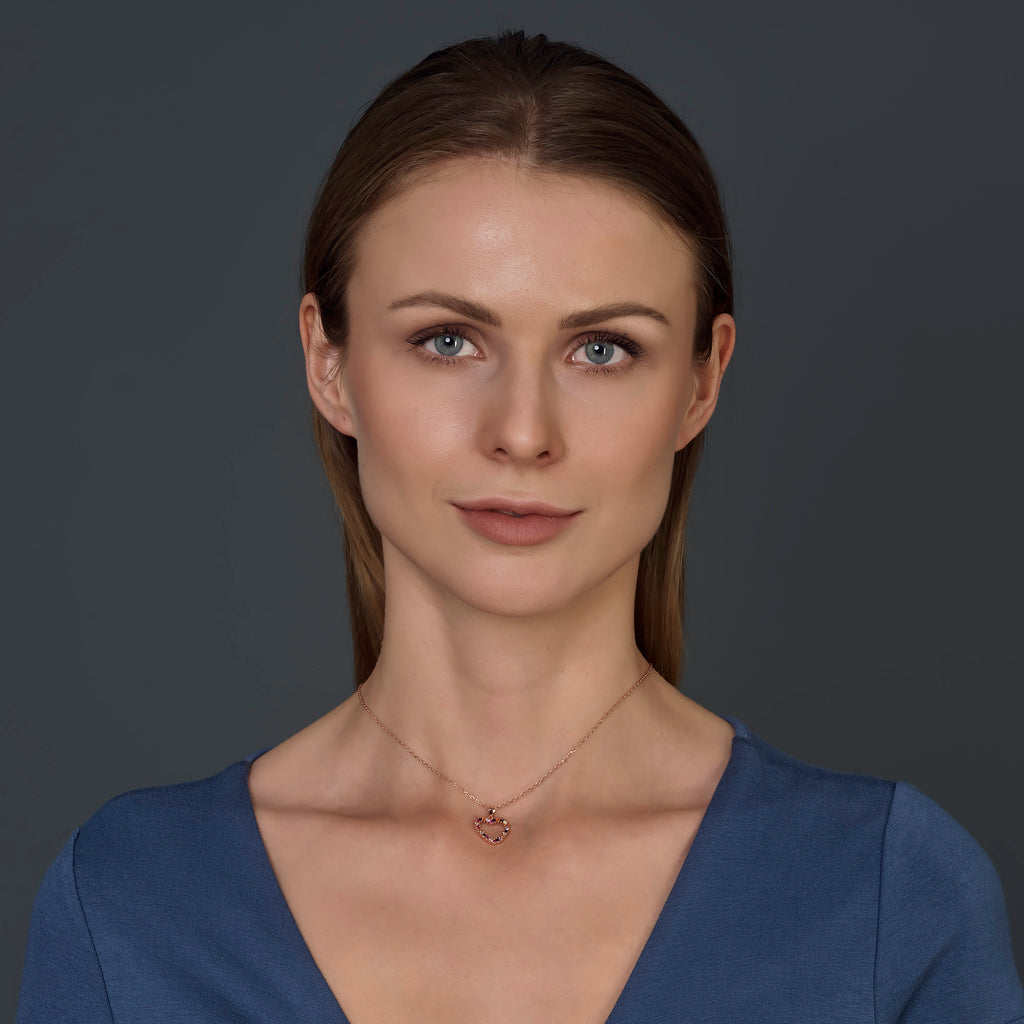 Sterling Silver Rose Gold Plated Heart Pendant Necklace, Multicolor Cubic Zirconia