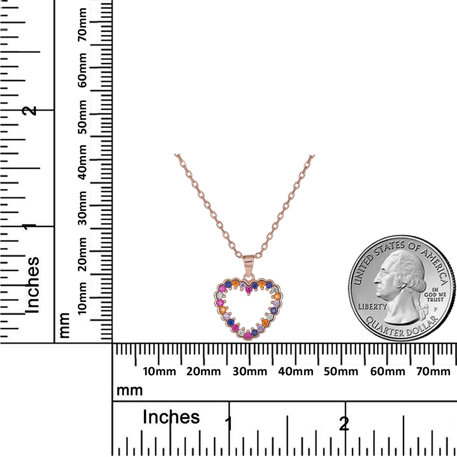 Sterling Silver Rose Gold Plated Heart Pendant Necklace, Multicolor Cubic Zirconia
