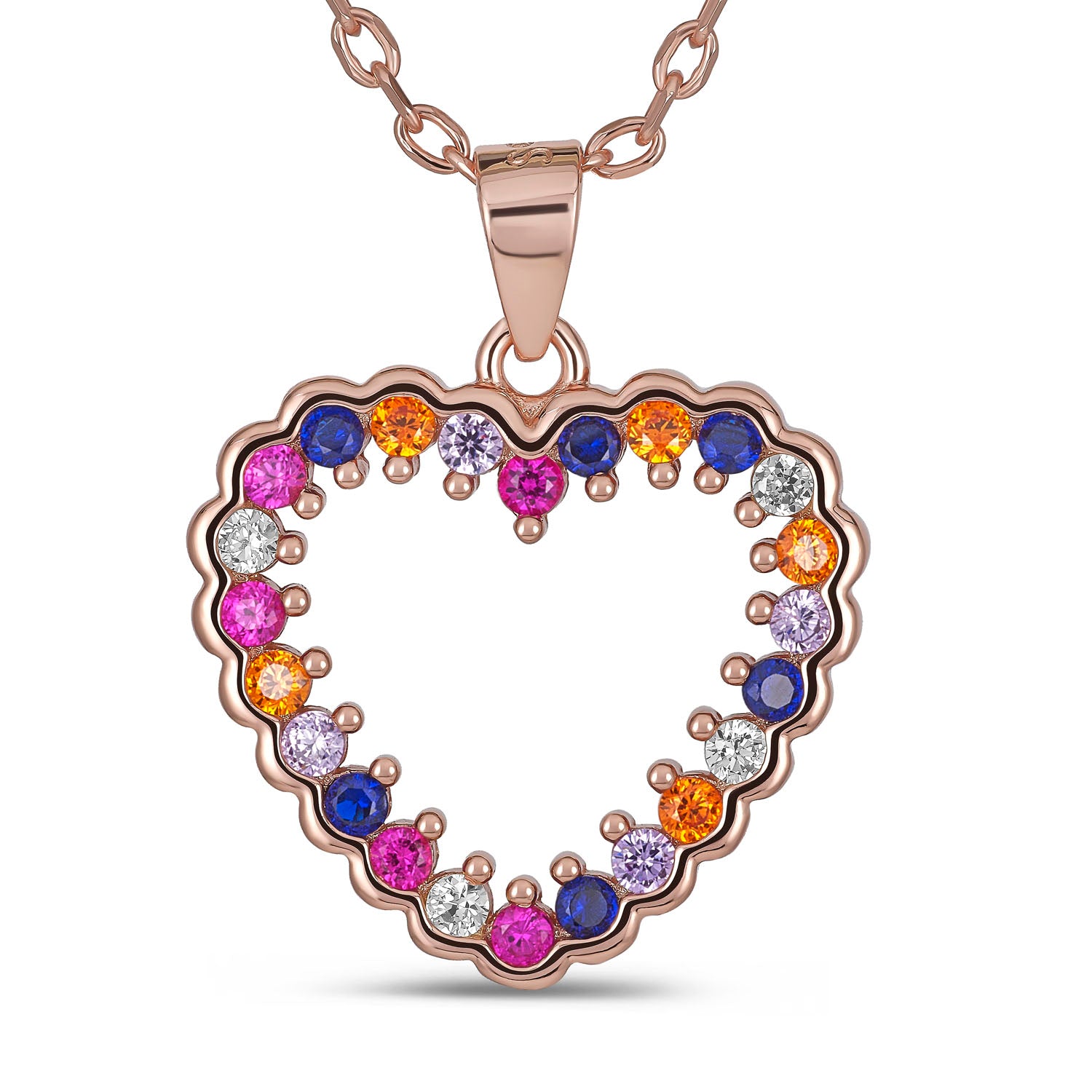 Sterling Silver Rose Gold Plated Heart Pendant Necklace, Multicolor Cubic Zirconia