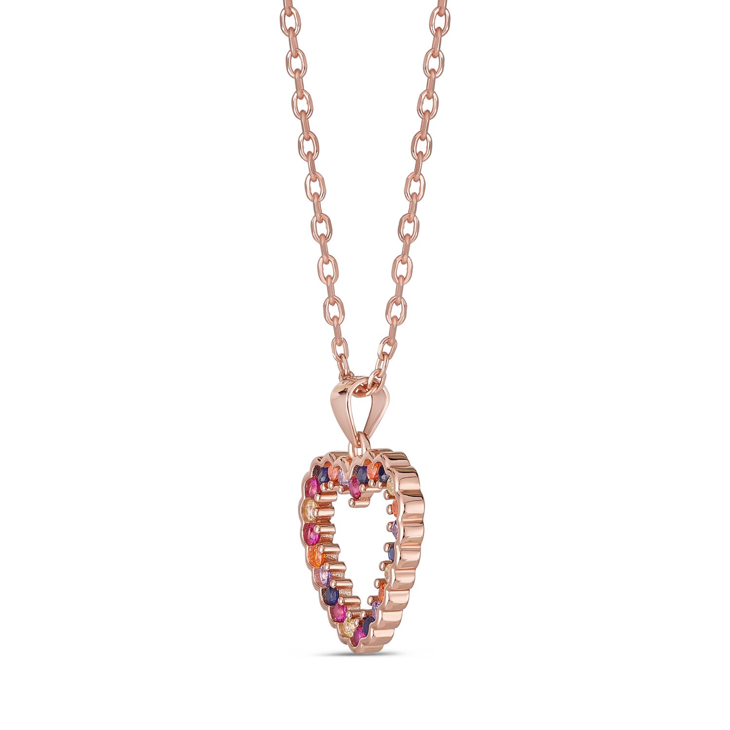 Sterling Silver Rose Gold Plated Heart Pendant Necklace, Multicolor Cubic Zirconia