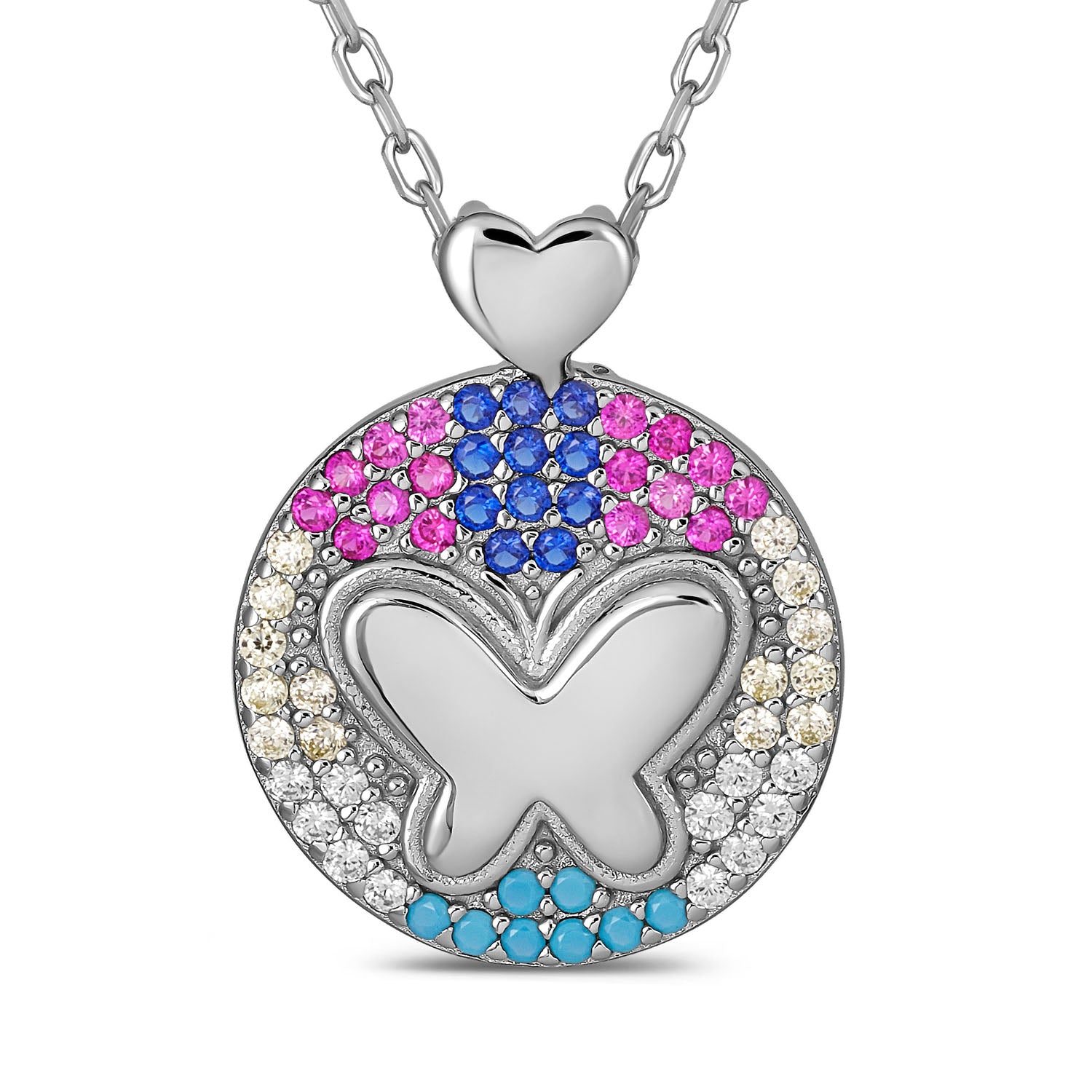 Sterling Silver Butterfly Pendant Necklace - Multicolor CZ Stones