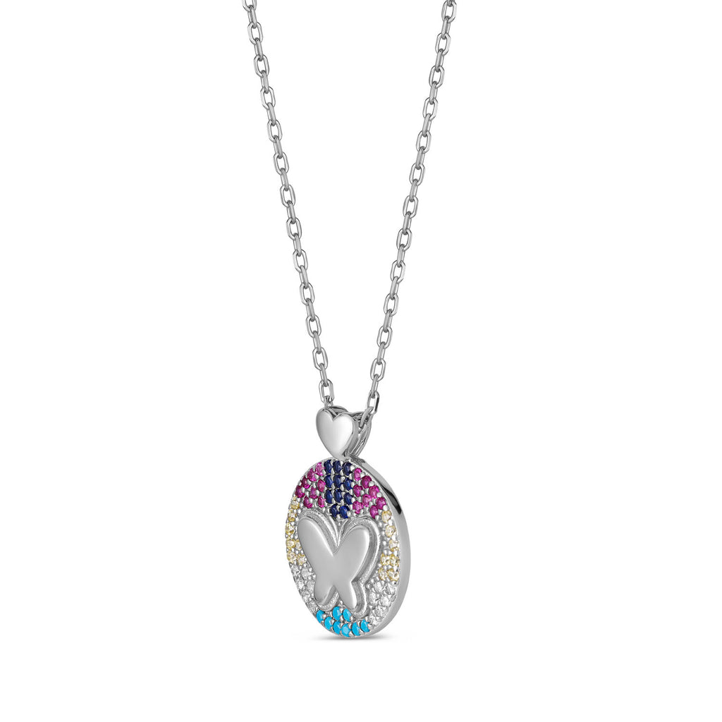 Sterling Silver Butterfly Pendant Necklace - Multicolor CZ Stones