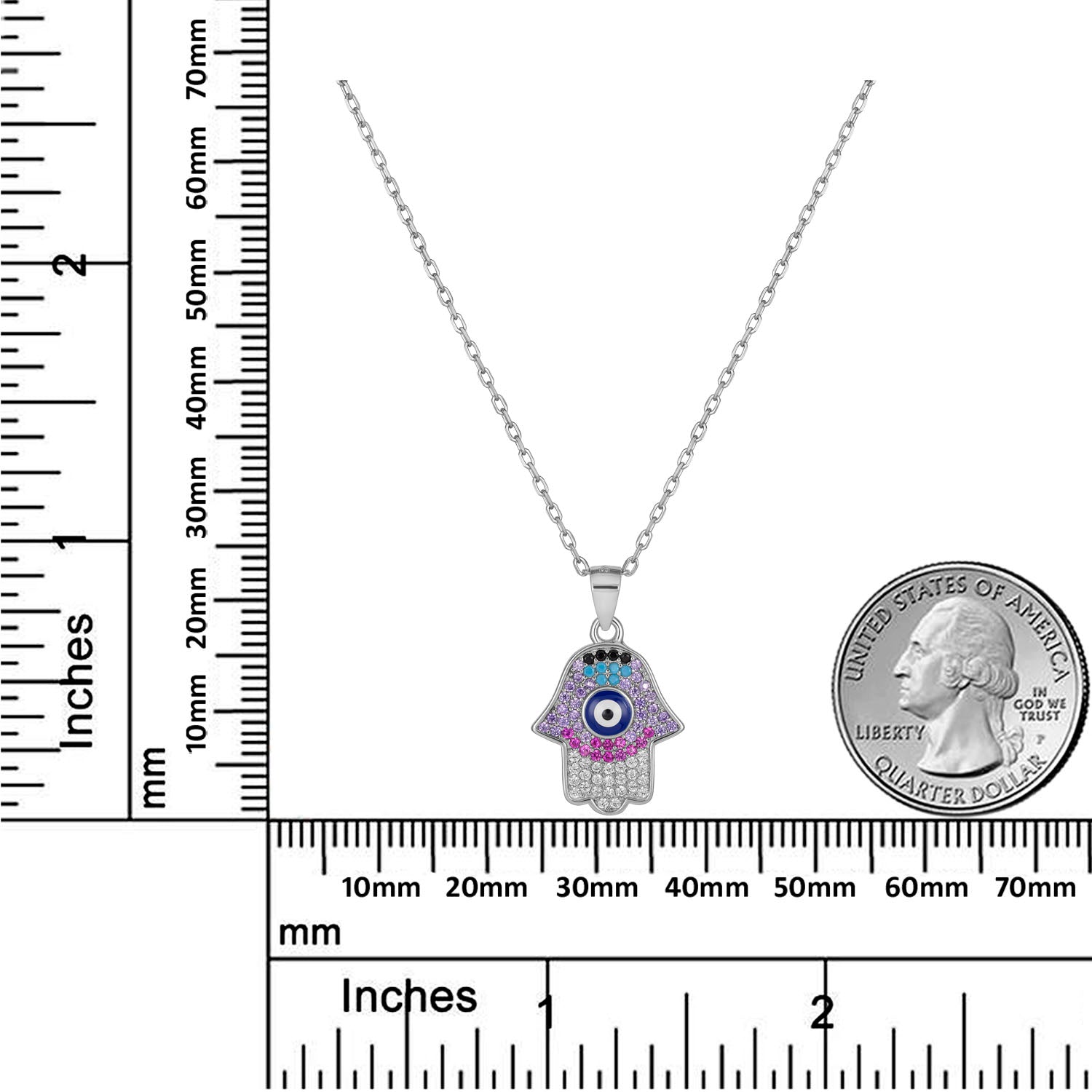 925 Sterling Silver Evil Eye Hamsa Hand Pendant Necklace  Multicolor Stones