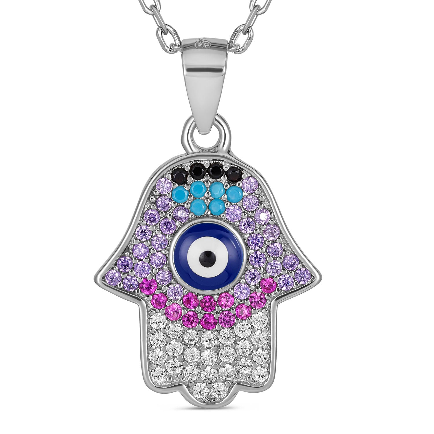 925 Sterling Silver Evil Eye Hamsa Hand Pendant Necklace  Multicolor Stones