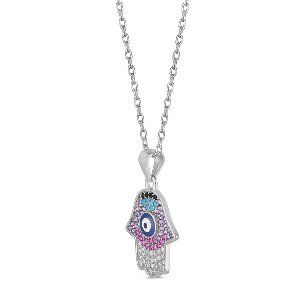 925 Sterling Silver Evil Eye Hamsa Hand Pendant Necklace  Multicolor Stones