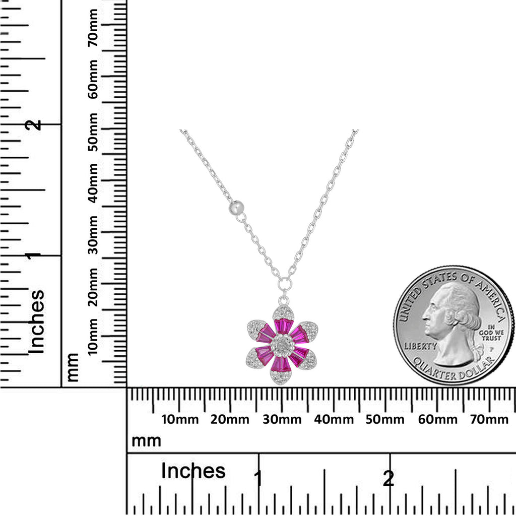 925 Sterling Silver Rhodium Plated Pink Crystal Flower Necklace