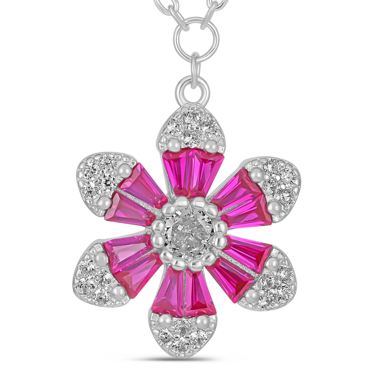 925 Sterling Silver Rhodium Plated Pink Crystal Flower Necklace