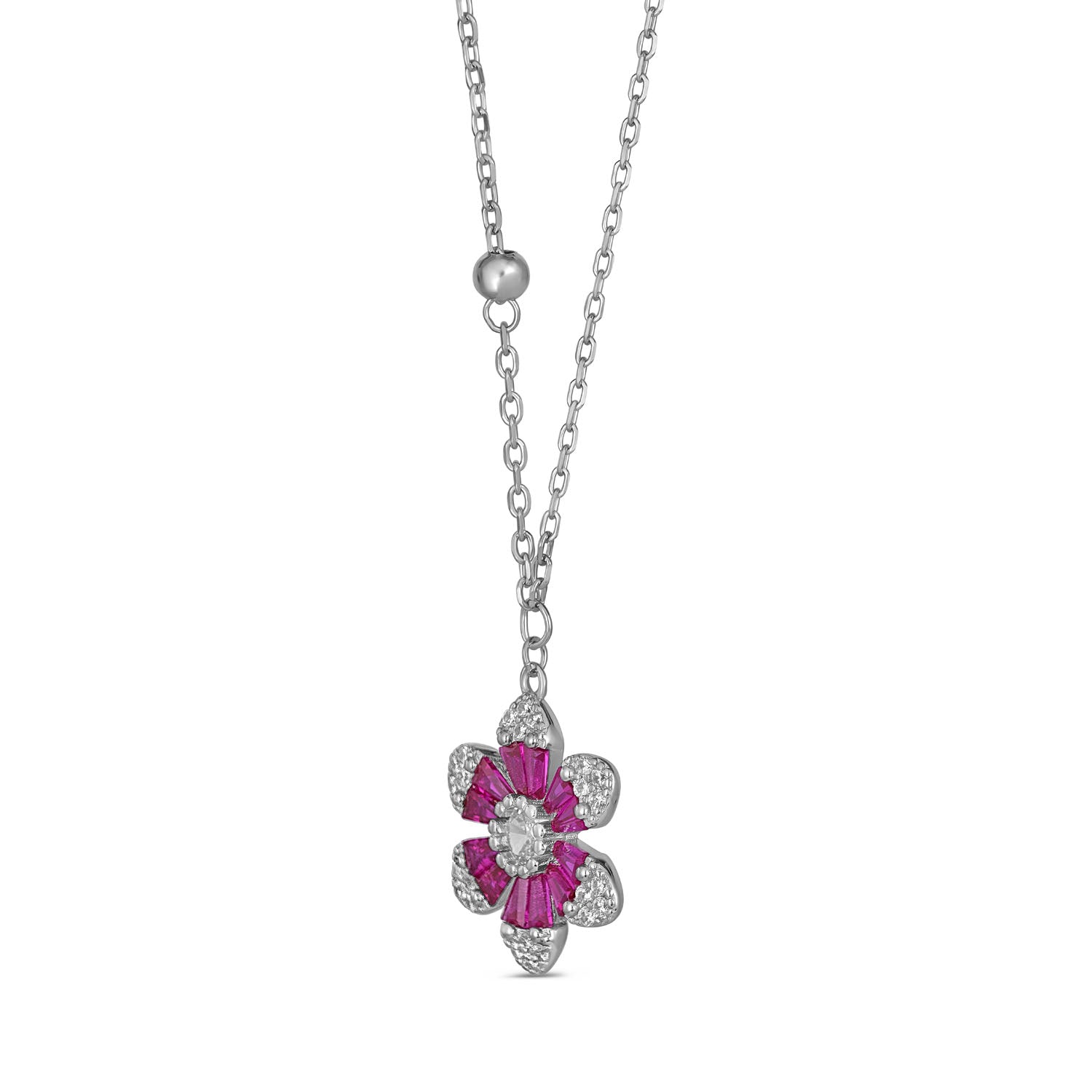 925 Sterling Silver Rhodium Plated Pink Crystal Flower Necklace