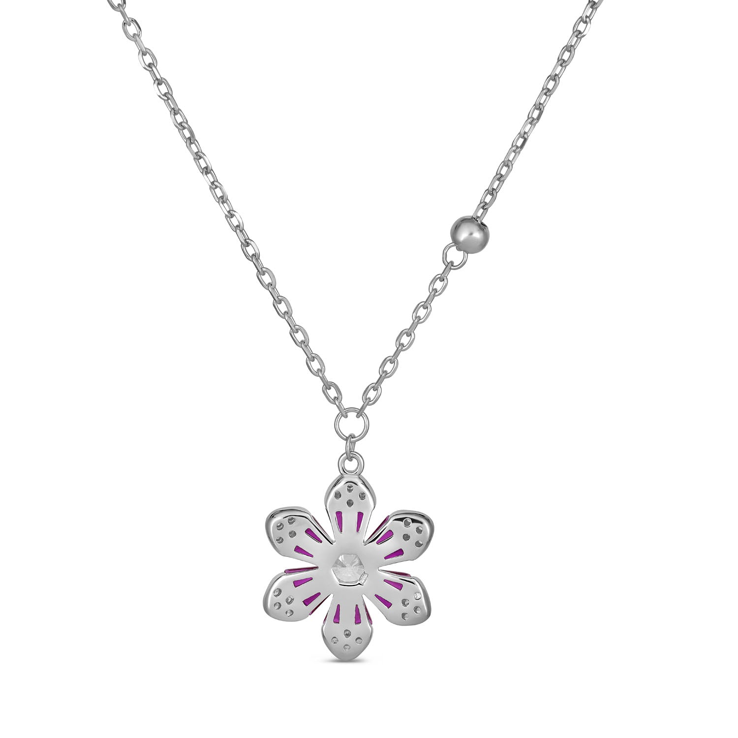 925 Sterling Silver Rhodium Plated Pink Crystal Flower Necklace
