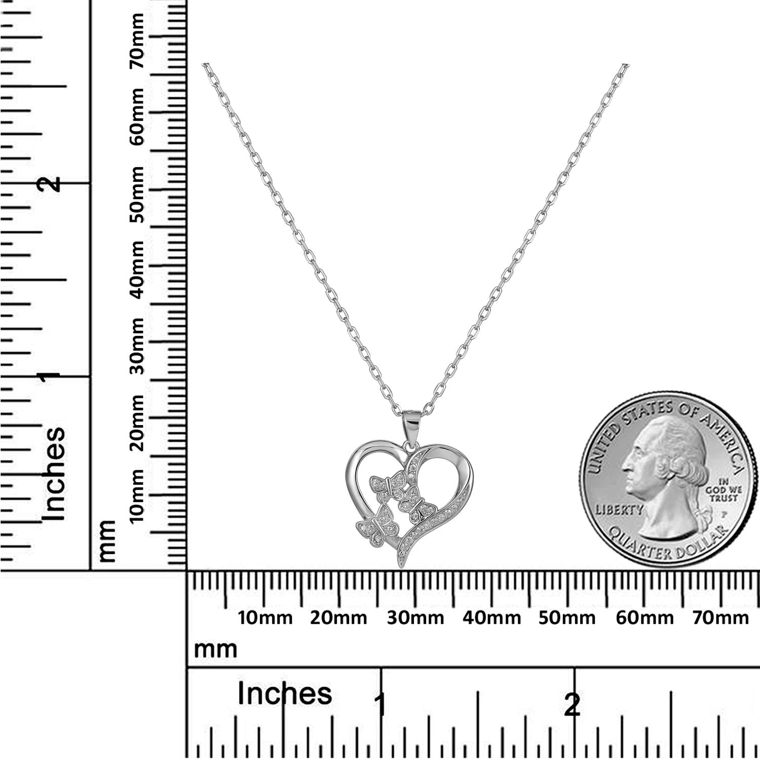 925 Sterling Silver Rhodium Plated Butterfly Heart Necklace