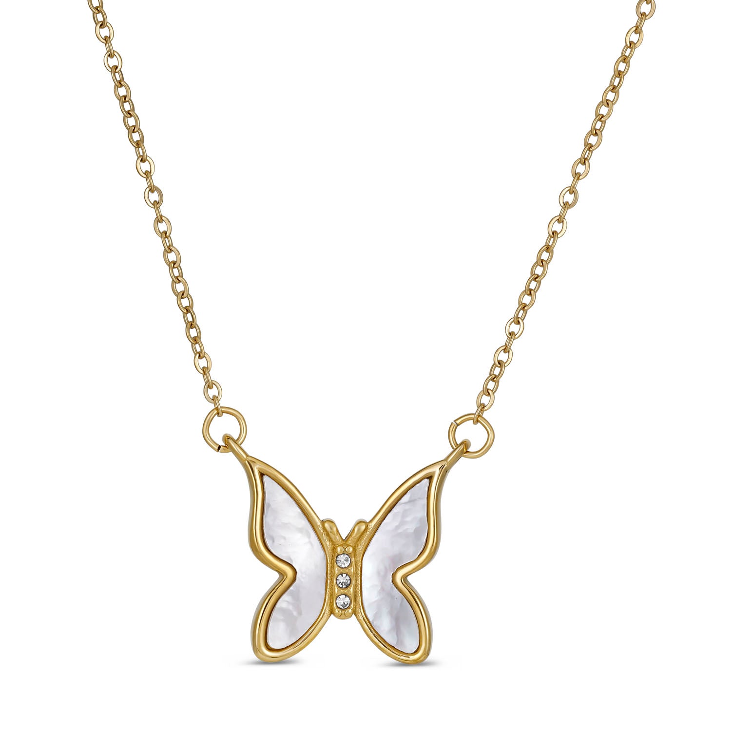 White Iridescent Butterfly Necklace - 18K Gold Plated Stainless Steel