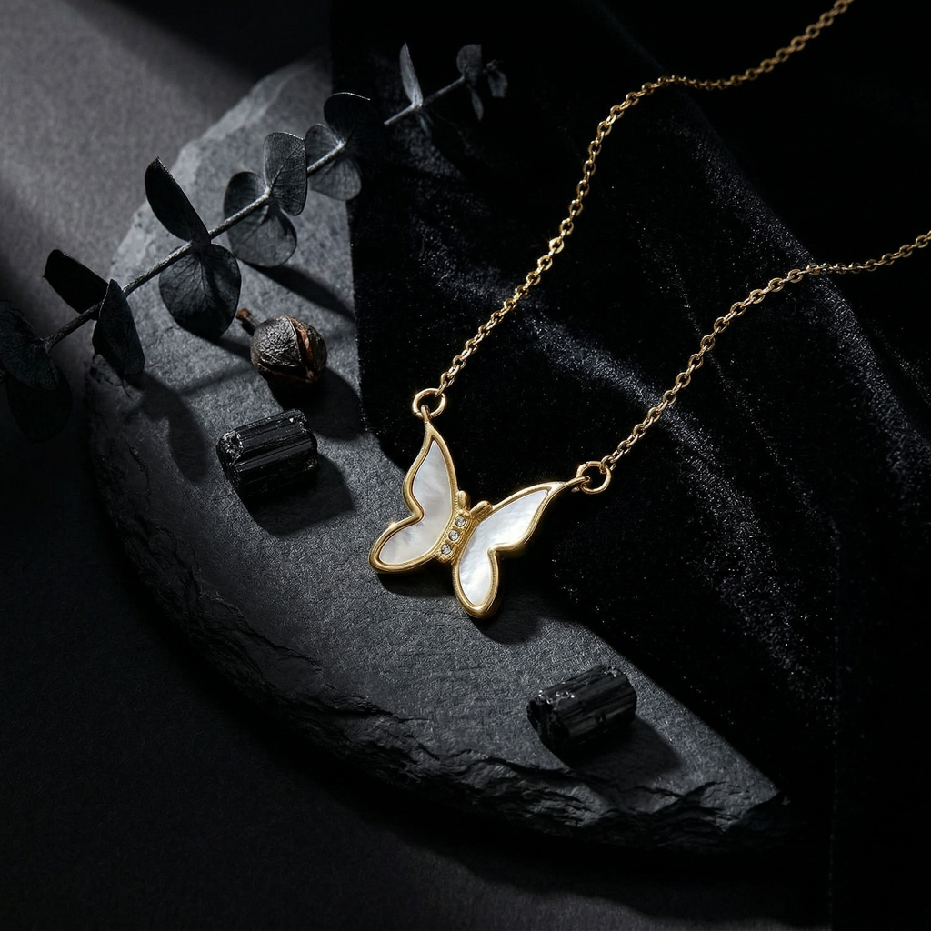 White Iridescent Butterfly Necklace - 18K Gold Plated Stainless Steel