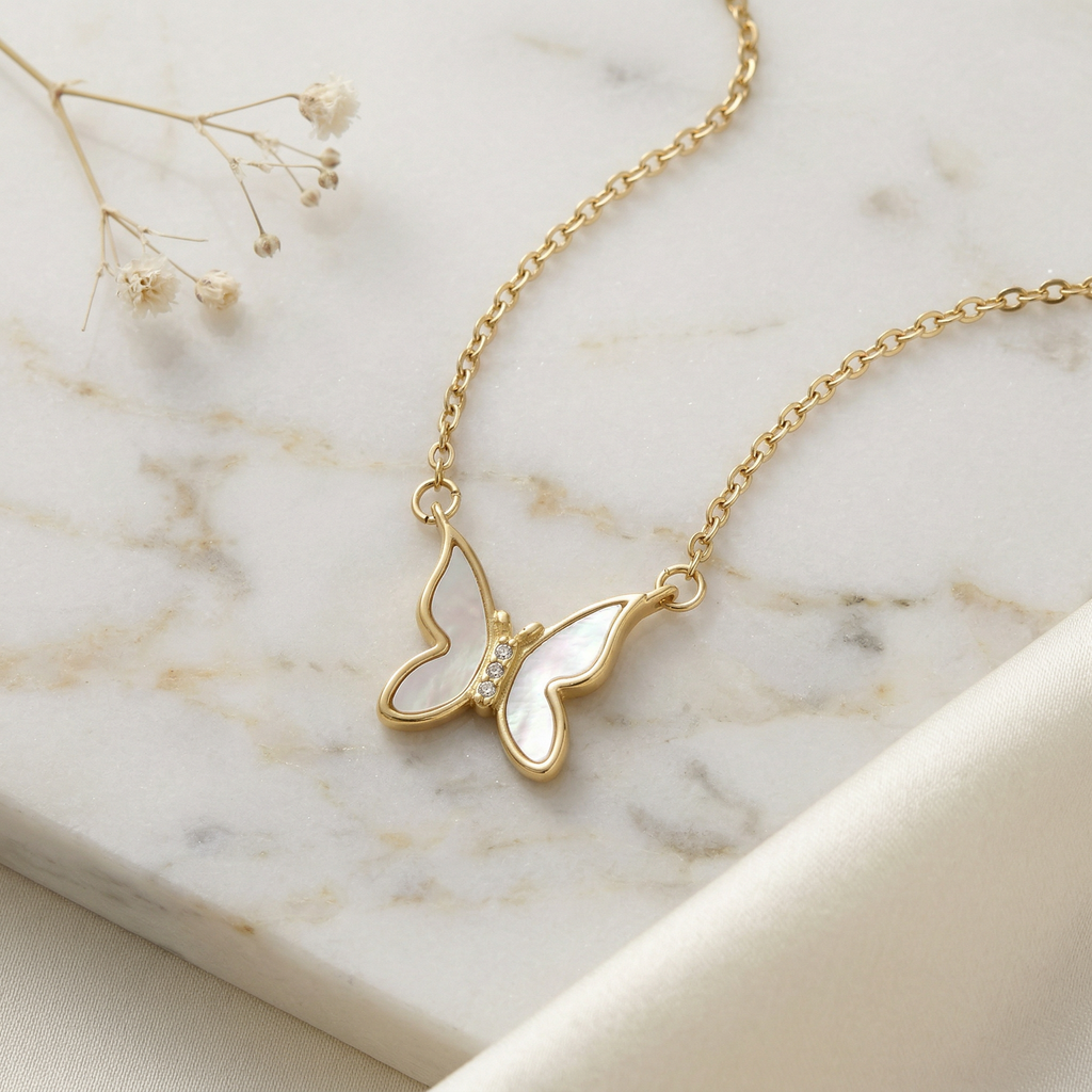 White Iridescent Butterfly Necklace - 18K Gold Plated Stainless Steel