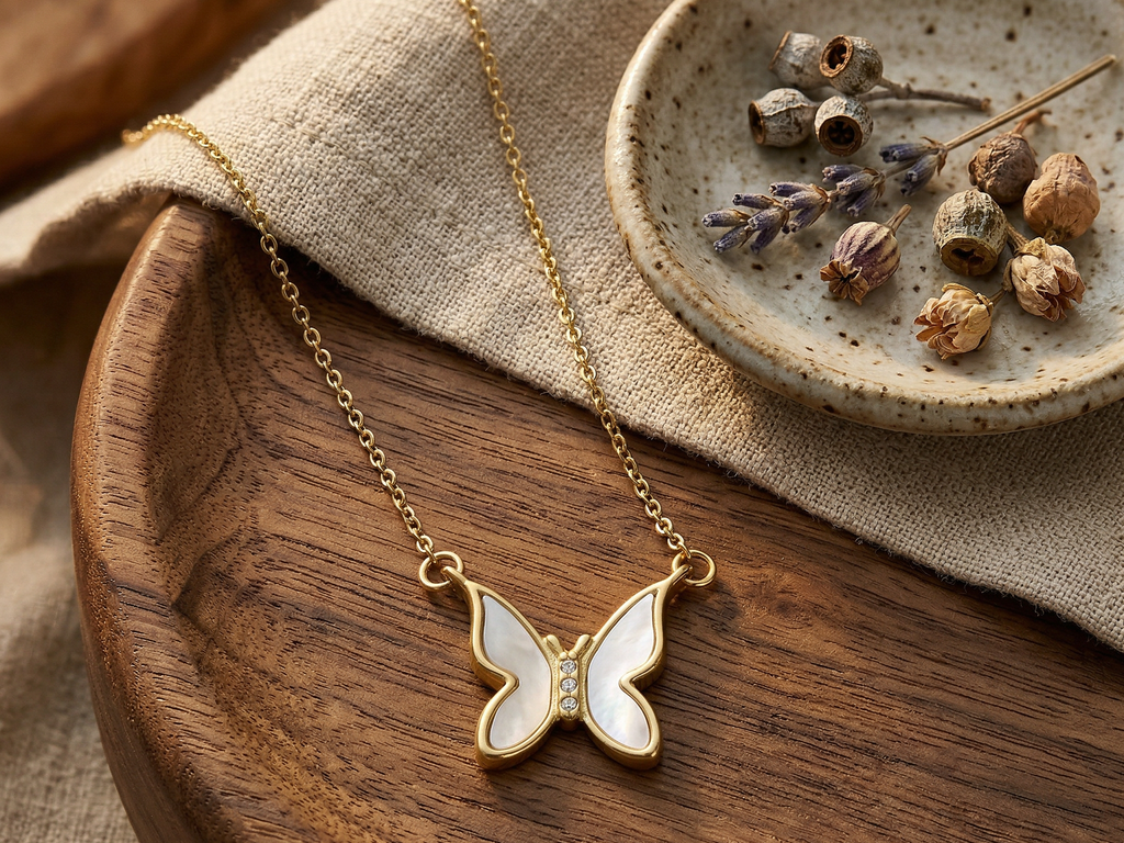White Iridescent Butterfly Necklace - 18K Gold Plated Stainless Steel
