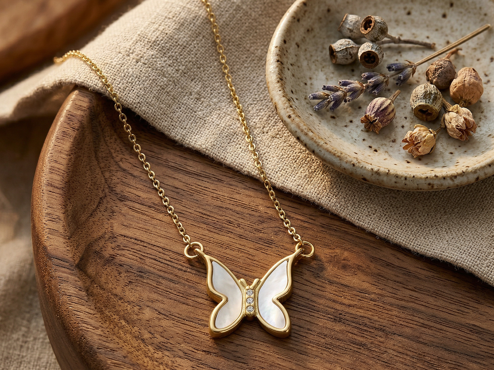 White Iridescent Butterfly Necklace - 18K Gold Plated Stainless Steel