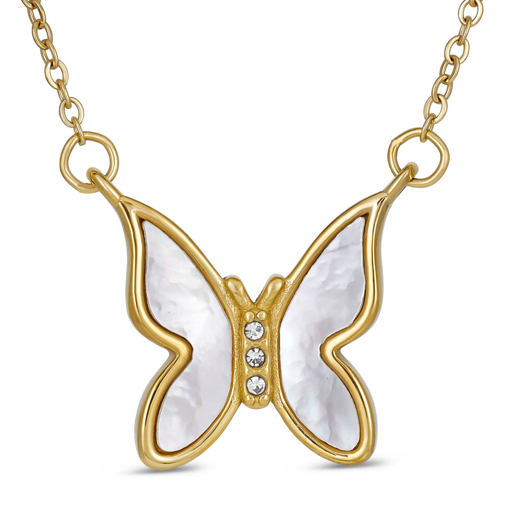 White Iridescent Butterfly Necklace - 18K Gold Plated Stainless Steel