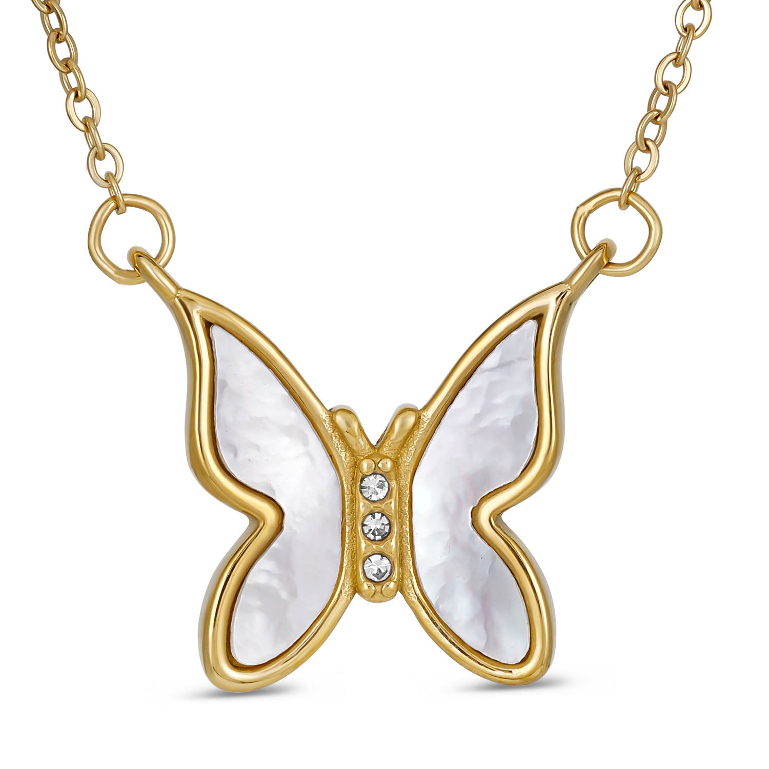 White Iridescent Butterfly Necklace - 18K Gold Plated Stainless Steel