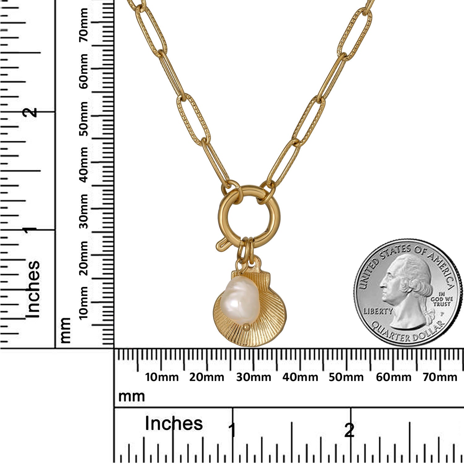 18K Gold Plated Stainless Steel Chain Link Seashell Necklace with Pearl