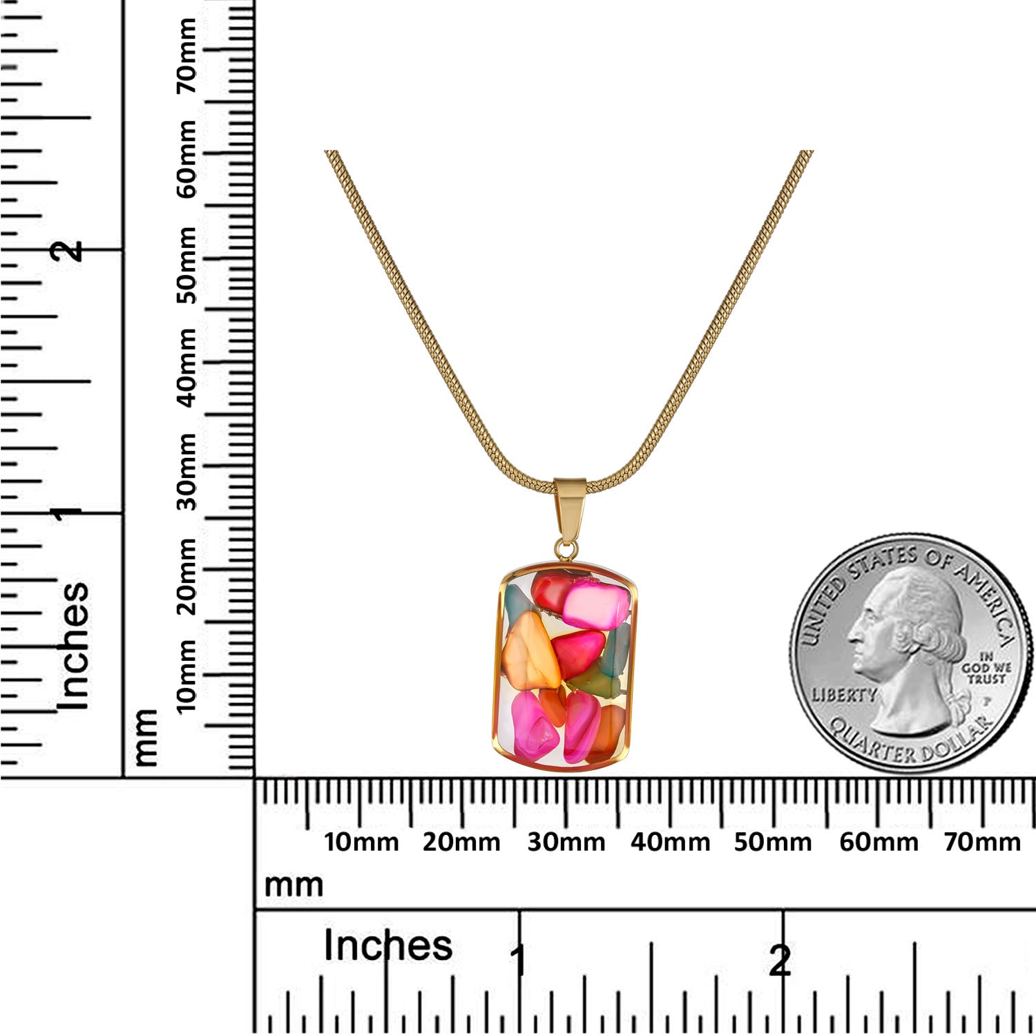 Multicolor Gemstone Resin Pendant Necklace, Gold Snake Chain, Boho Statement Jewelry, Adjustable 15.5-17.5 Inch, Unique Gift for Her