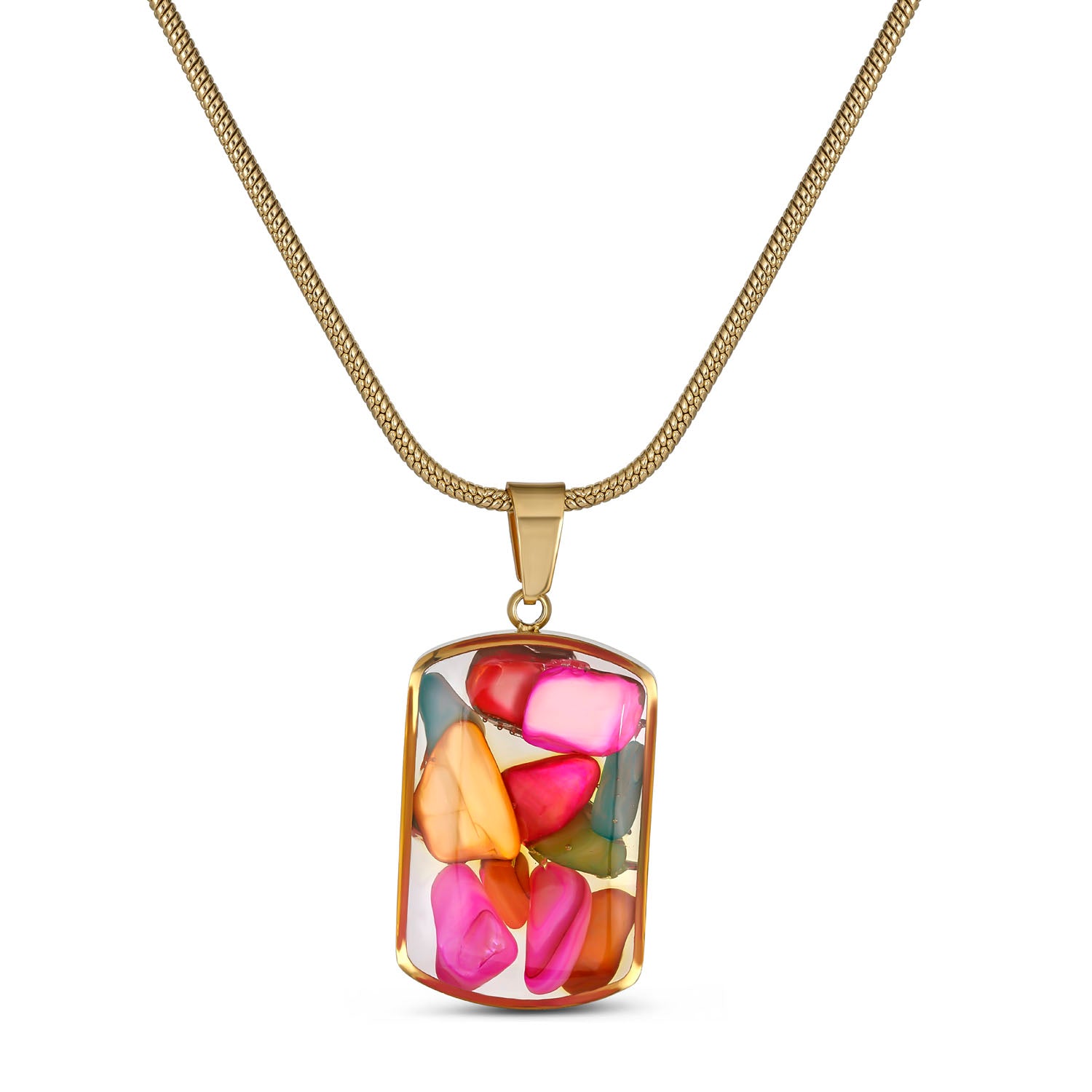 Multicolor Gemstone Resin Pendant Necklace, Gold Snake Chain, Boho Statement Jewelry, Adjustable 15.5-17.5 Inch, Unique Gift for Her