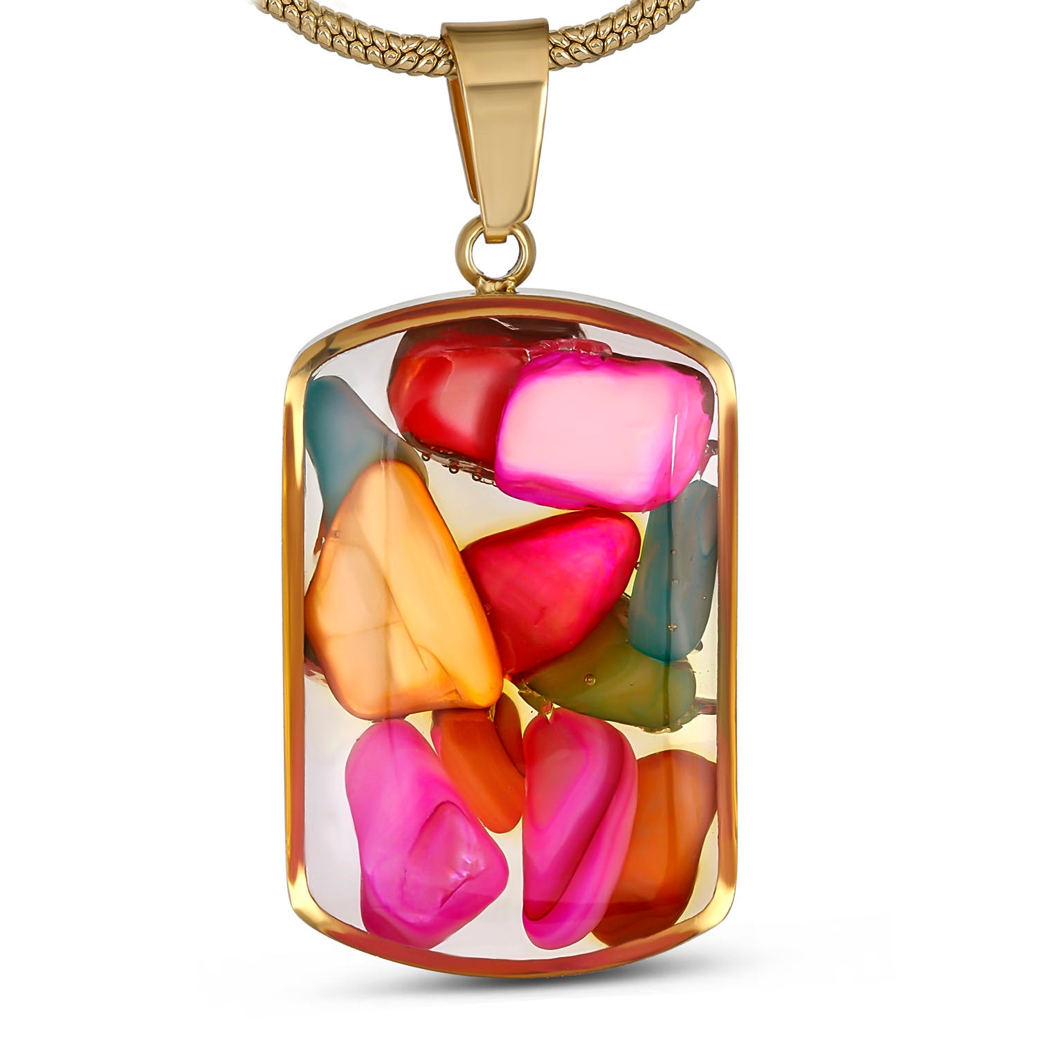 Multicolor Gemstone Resin Pendant Necklace, Gold Snake Chain, Boho Statement Jewelry, Adjustable 15.5-17.5 Inch, Unique Gift for Her
