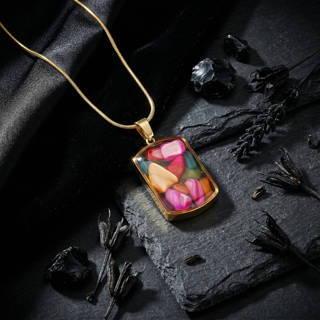 Multicolor Gemstone Resin Pendant Necklace, Gold Snake Chain, Boho Statement Jewelry, Adjustable 15.5-17.5 Inch, Unique Gift for Her