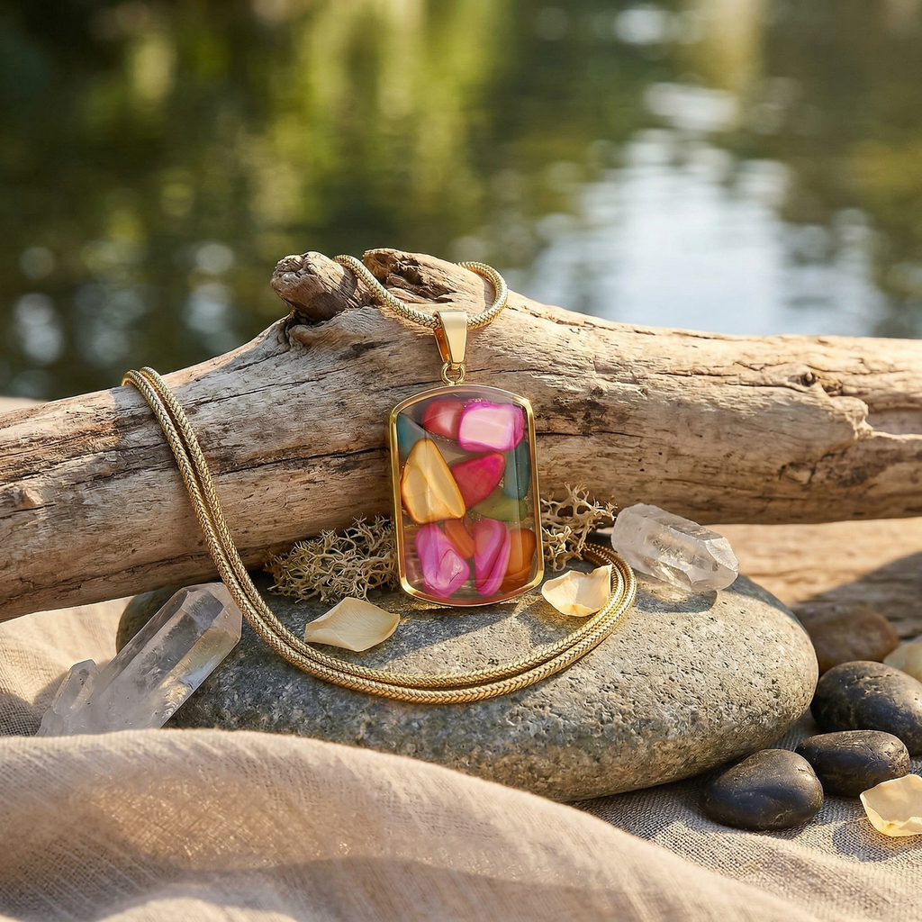 Multicolor Gemstone Resin Pendant Necklace, Gold Snake Chain, Boho Statement Jewelry, Adjustable 15.5-17.5 Inch, Unique Gift for Her
